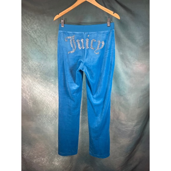 Juicy Couture Pants - Juicy Couture‎ Blue Velour Rhinestone Logo Track Pants Small Y2K Straight Leg